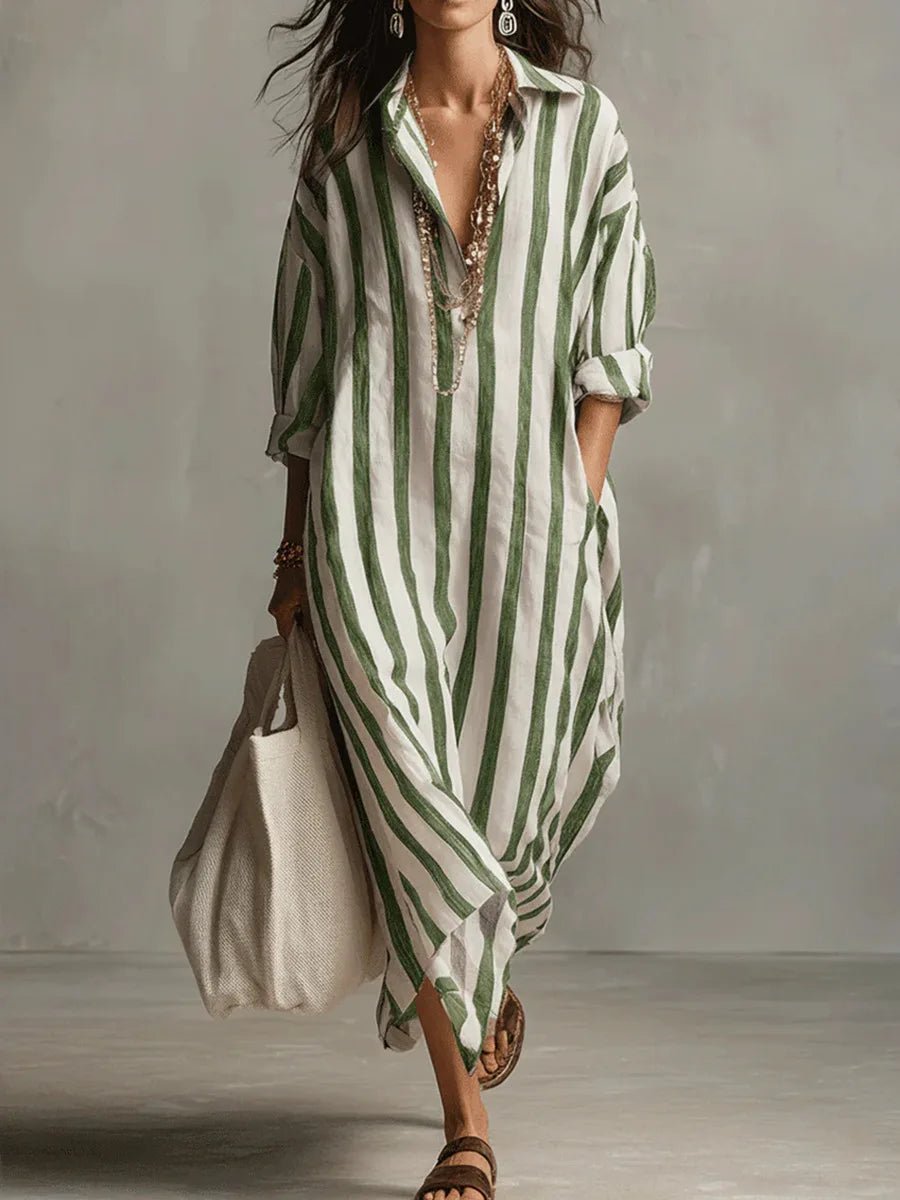 Dame Boho Oversized Stribet Linned Maxi Skjortekjole - Green
