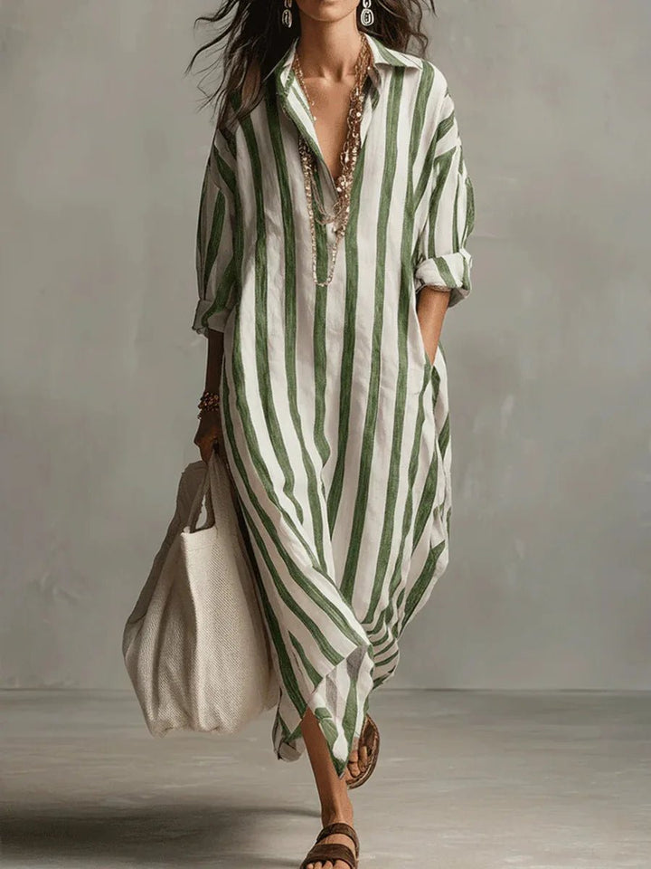 Dame Boho Oversized Stribet Linned Maxi Skjortekjole - Green