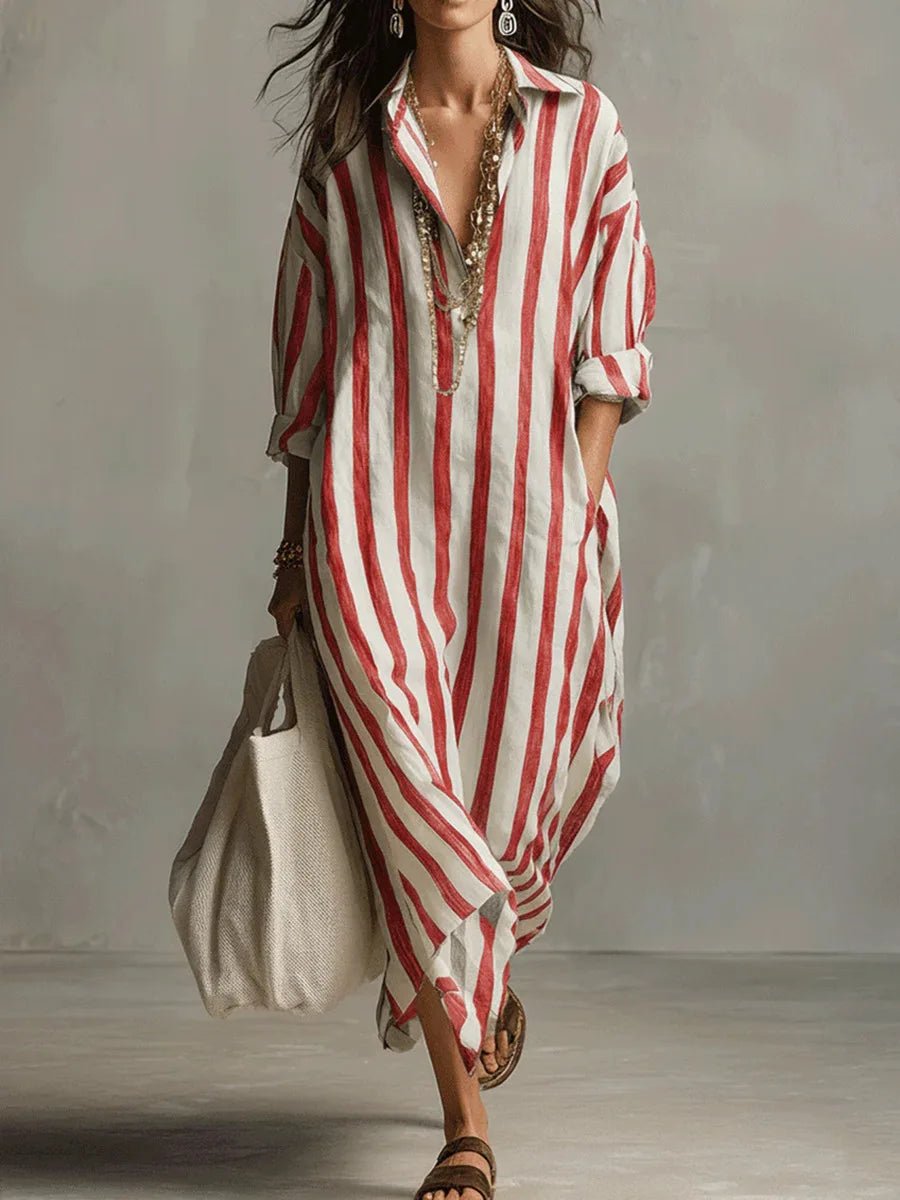 Dame Boho Oversized Stribet Linned Maxi Skjortekjole - Red