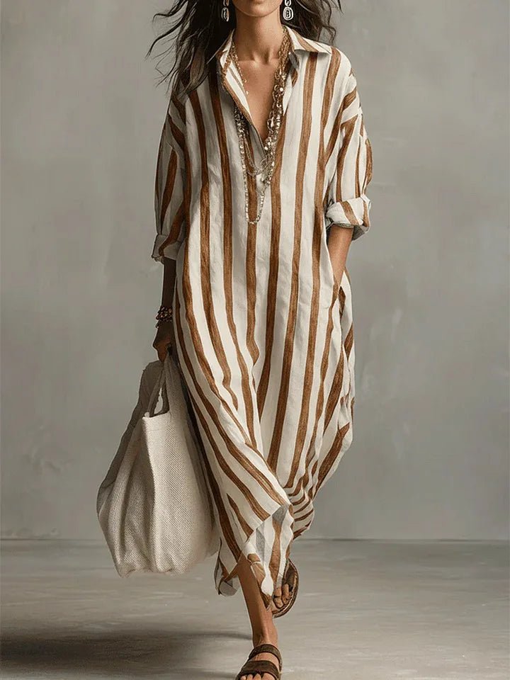 Dame Boho Oversized Stribet Linned Maxi Skjortekjole - Earthy Yellow
