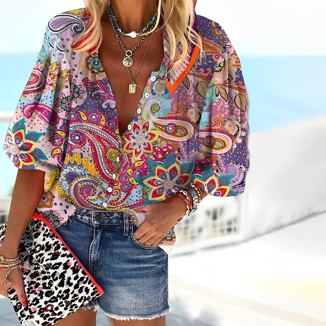 Dame Boho Paisley Bluse Med V-Udskæring - Multicolor