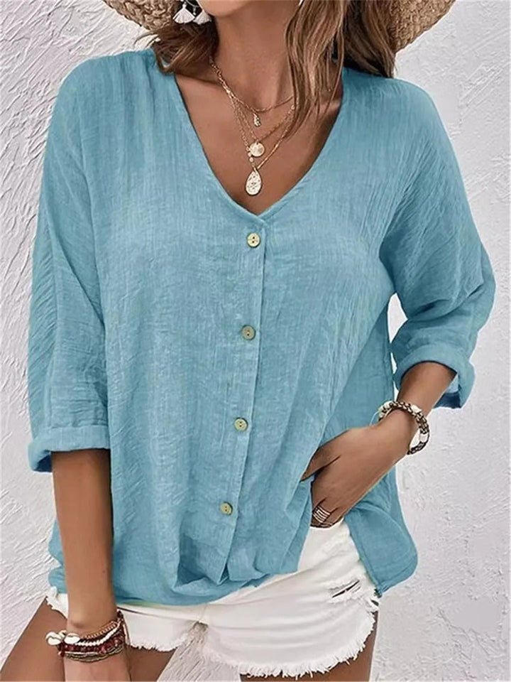 Dame Bomuld V-hals Bluse Trekvart Ærmer Casual - Light Blue