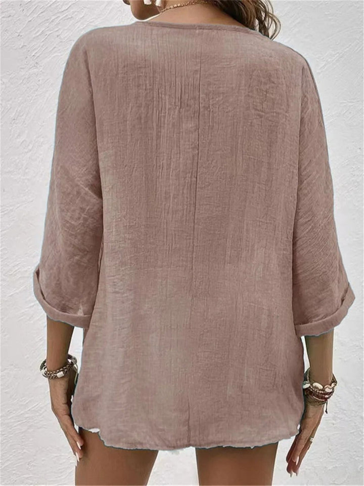 Dame Bomuld V-hals Bluse Trekvart Ærmer Casual