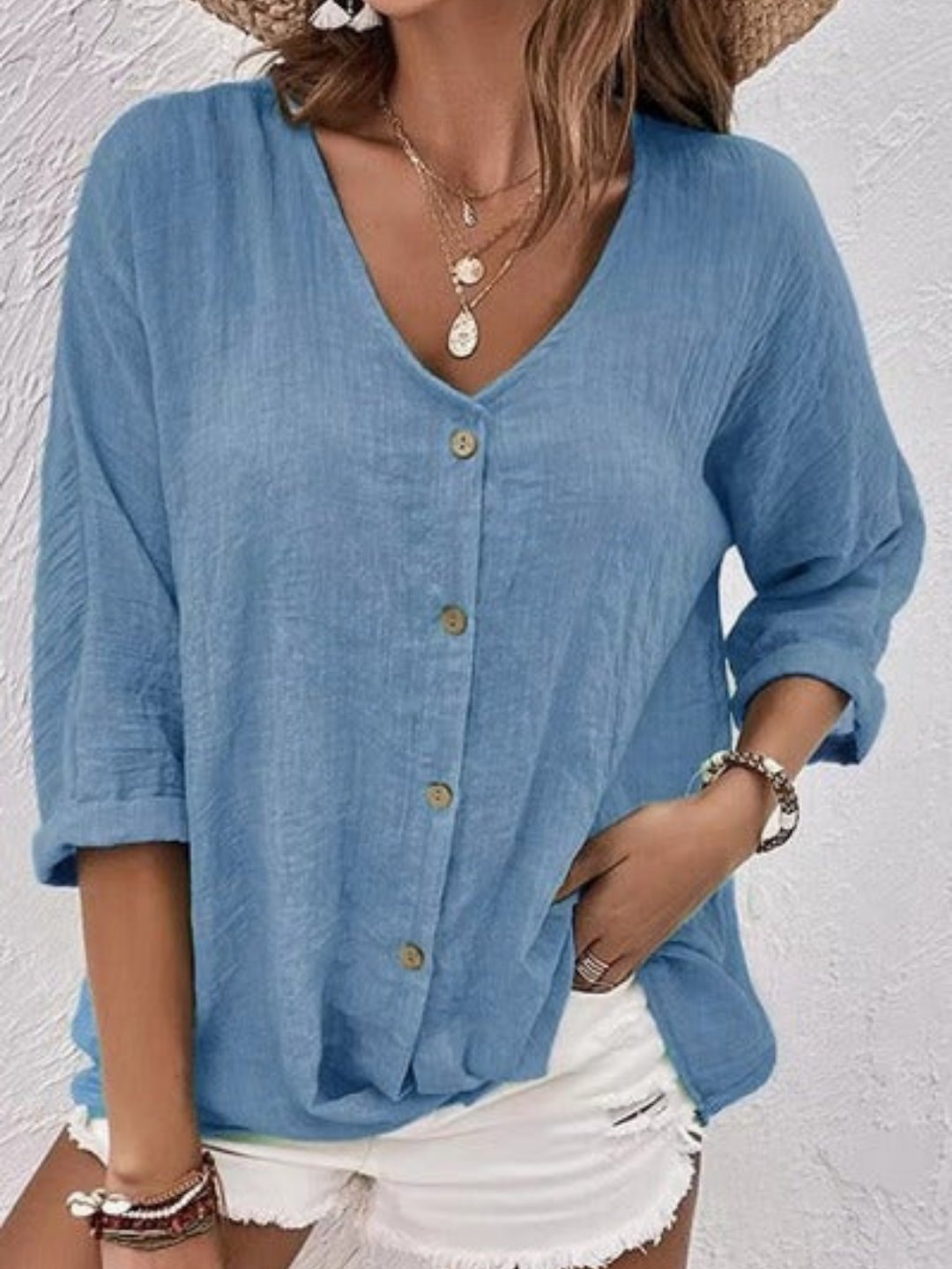 Dame Bomuld V-hals Bluse Trekvart Ærmer Casual - Steel Blue