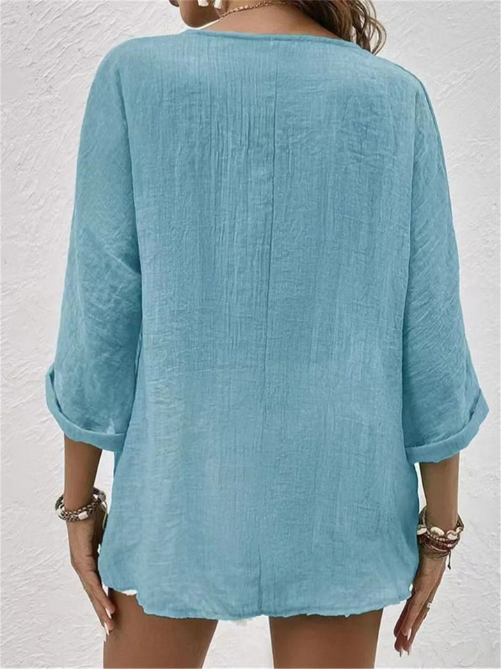 Dame Bomuld V-hals Bluse Trekvart Ærmer Casual