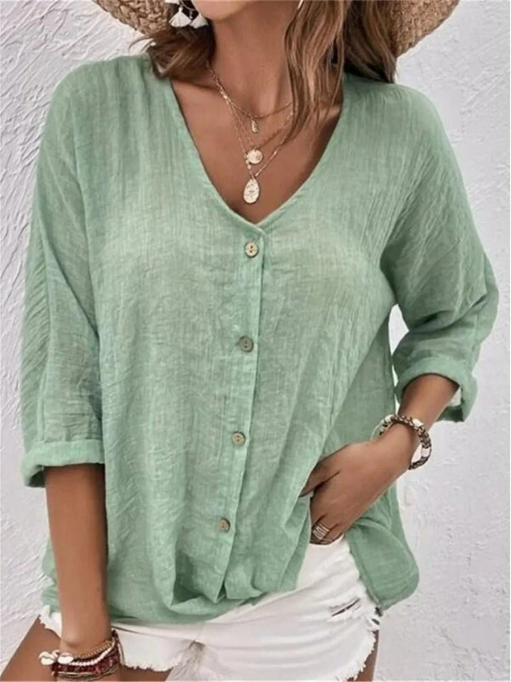 Dame Bomuld V-hals Bluse Trekvart Ærmer Casual - Mint green
