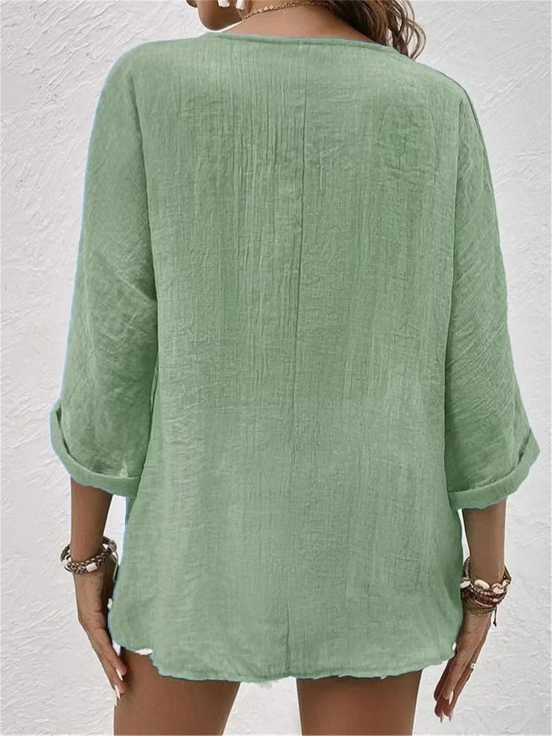 Dame Bomuld V-hals Bluse Trekvart Ærmer Casual