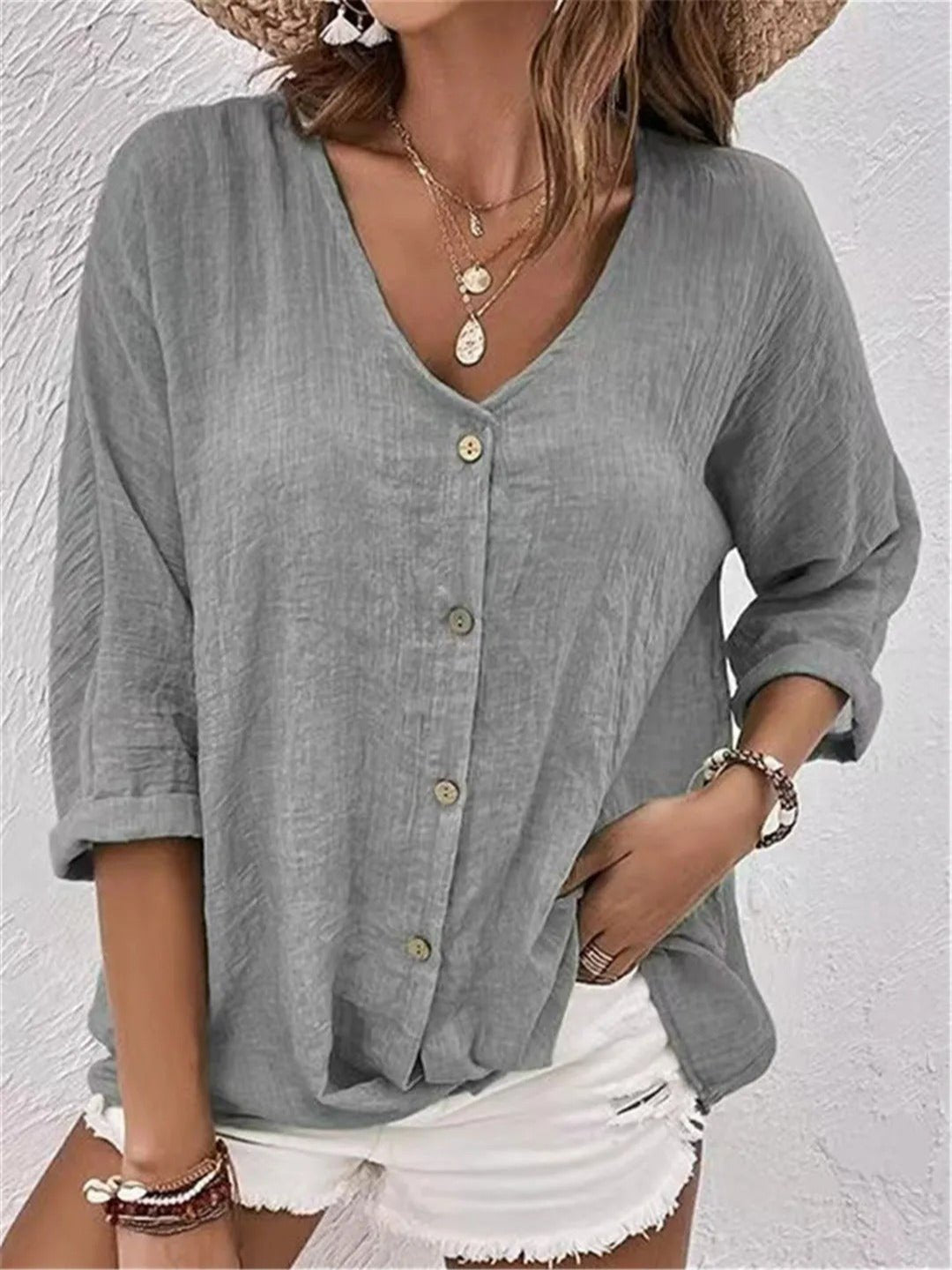 Dame Bomuld V-hals Bluse Trekvart Ærmer Casual - Light Gray