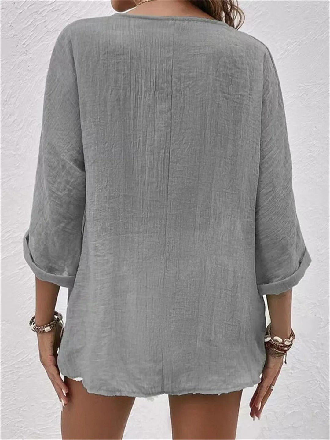 Dame Bomuld V-hals Bluse Trekvart Ærmer Casual