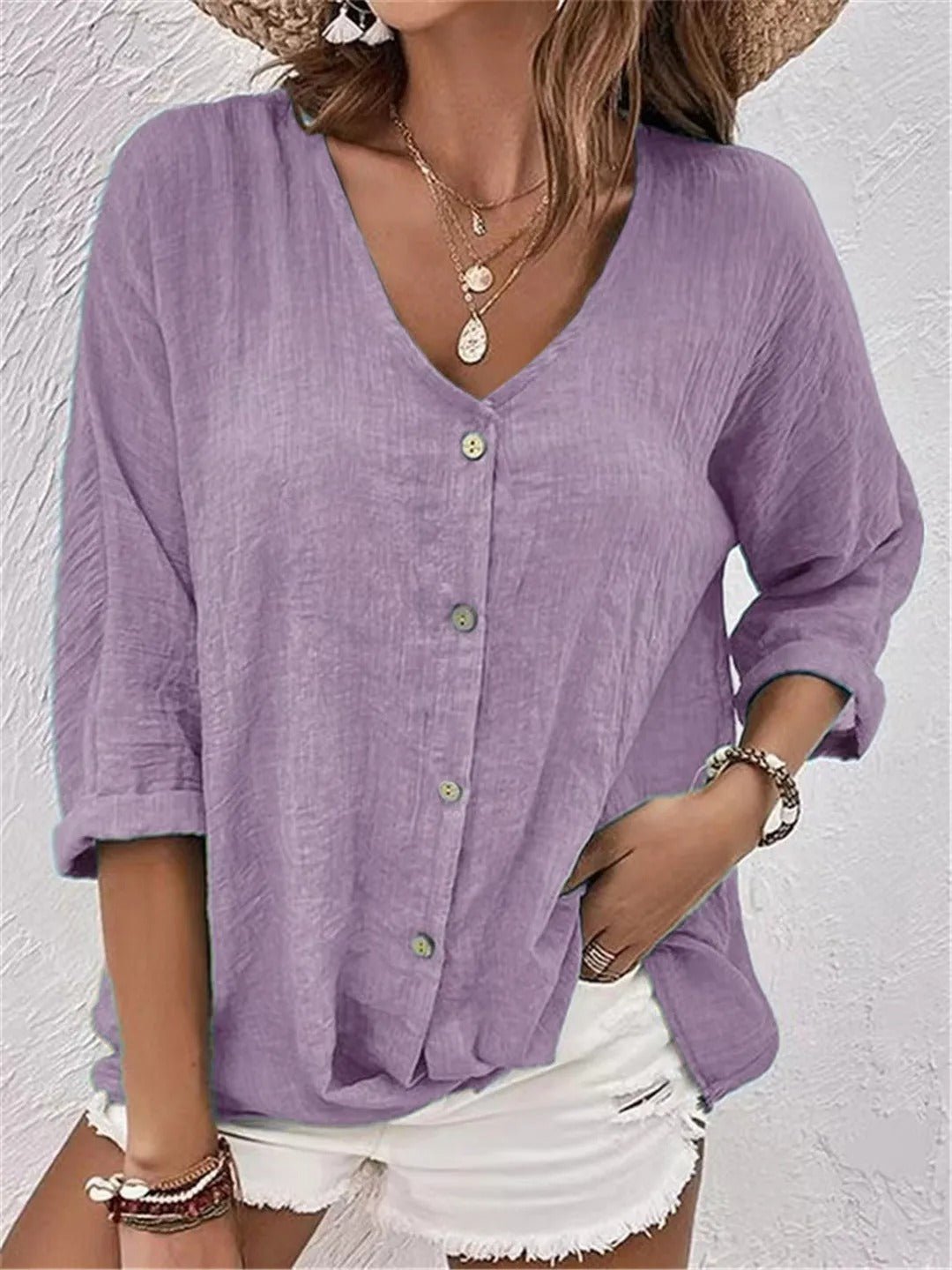 Dame Bomuld V-hals Bluse Trekvart Ærmer Casual - Light Purple