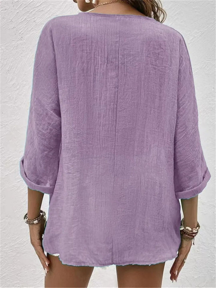 Dame Bomuld V-hals Bluse Trekvart Ærmer Casual