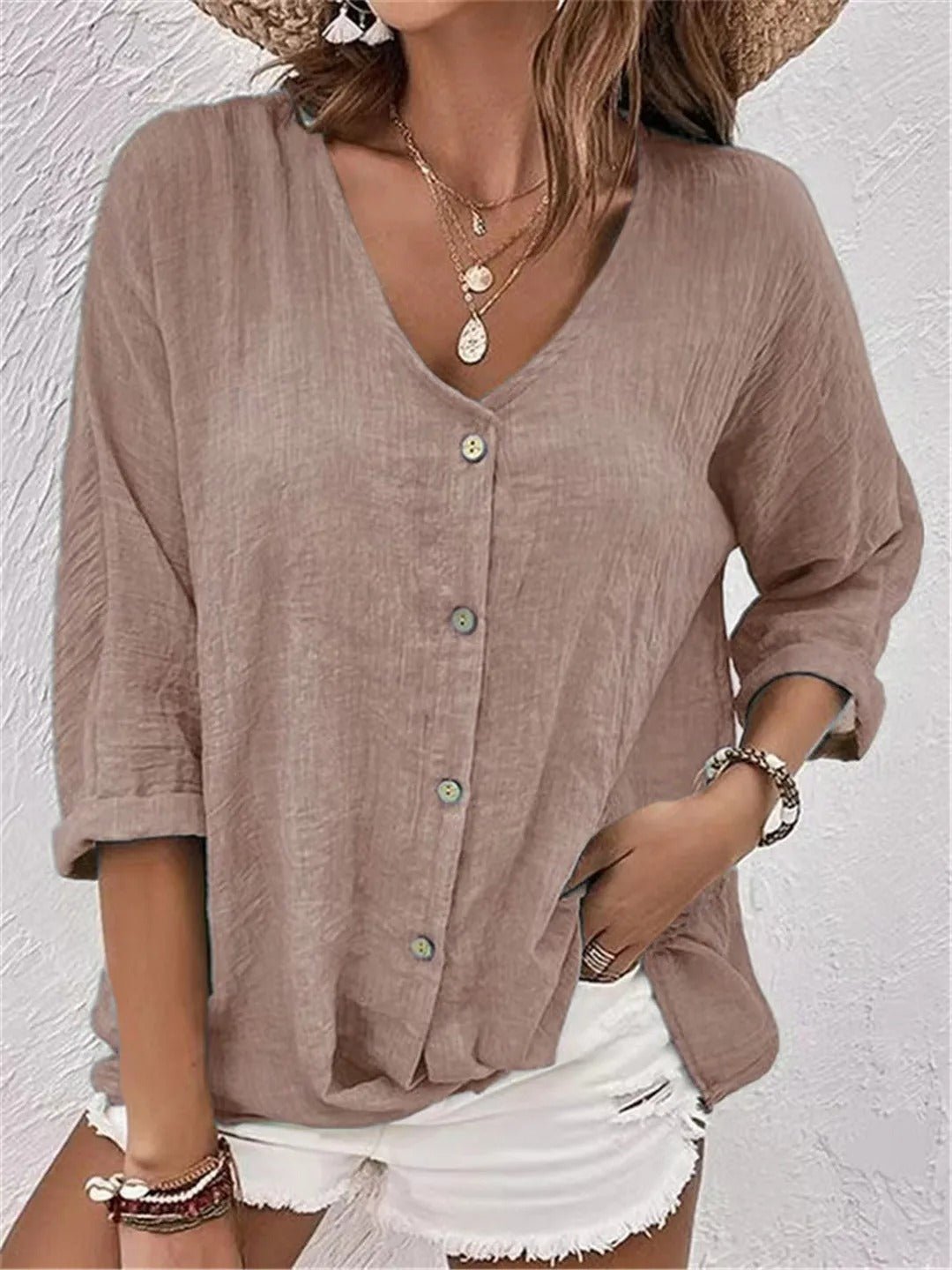 Dame Bomuld V-hals Bluse Trekvart Ærmer Casual - Light Brown