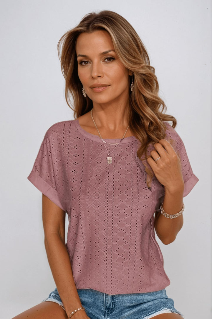 Dame Bomuldsbluse Kort Ærme Rund Hals Hulmønster - Mauve Pink