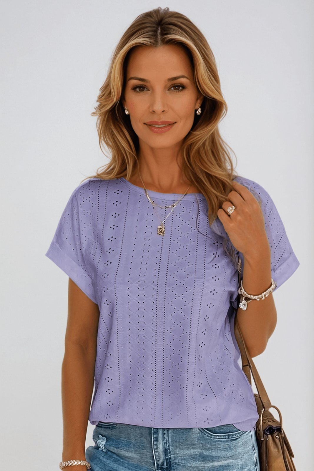 Dame Bomuldsbluse Kort Ærme Rund Hals Hulmønster - Light Purple