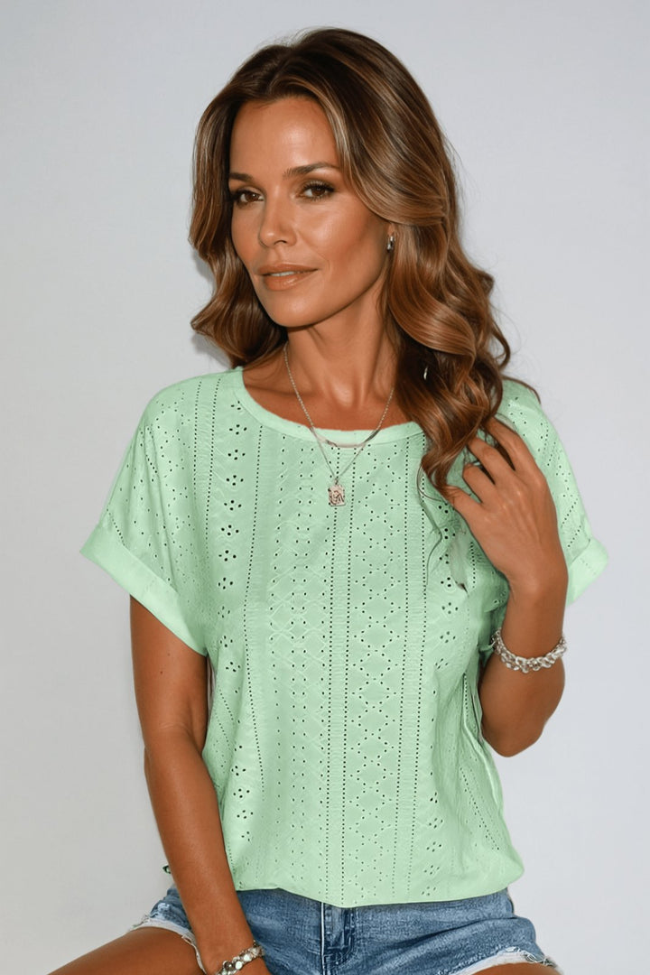 Dame Bomuldsbluse Kort Ærme Rund Hals Hulmønster - Mint green