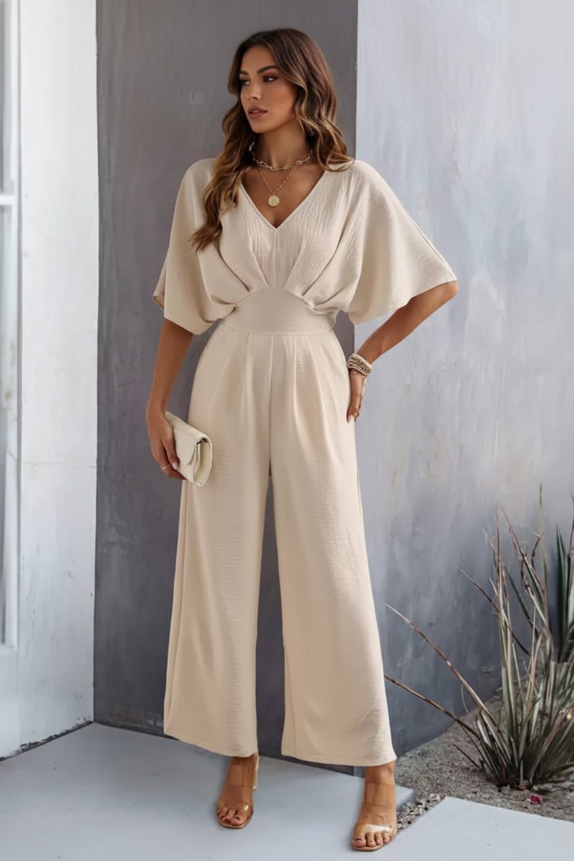 Dame Bredben V-Hals Batwing-Ærmet Jumpsuit Høj Talje