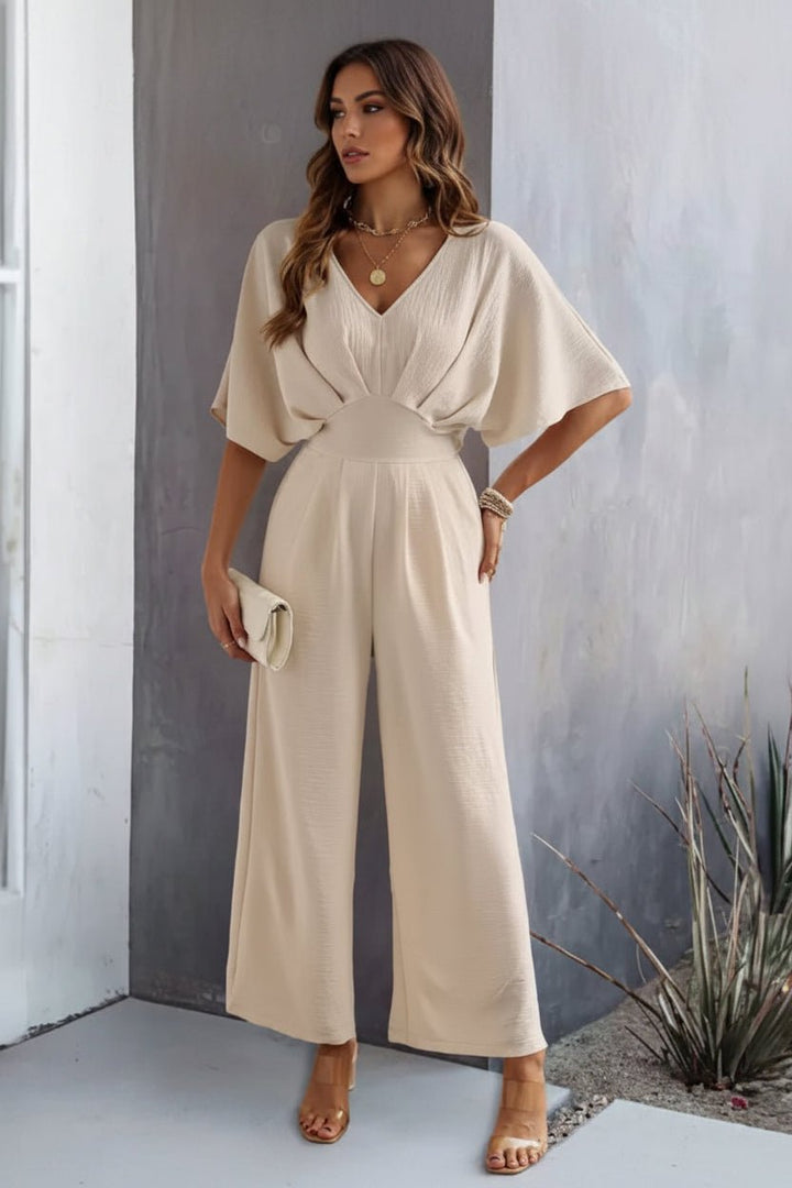 Dame Bredben V-Hals Batwing-Ærmet Jumpsuit Høj Talje