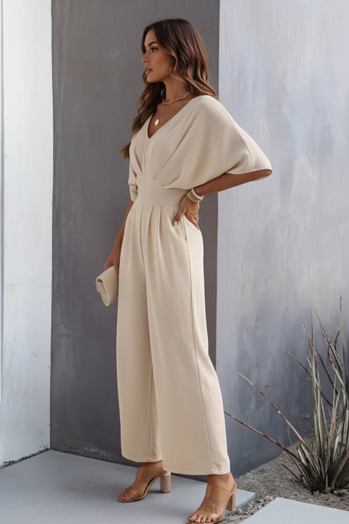 Dame Bredben V-Hals Batwing-Ærmet Jumpsuit Høj Talje