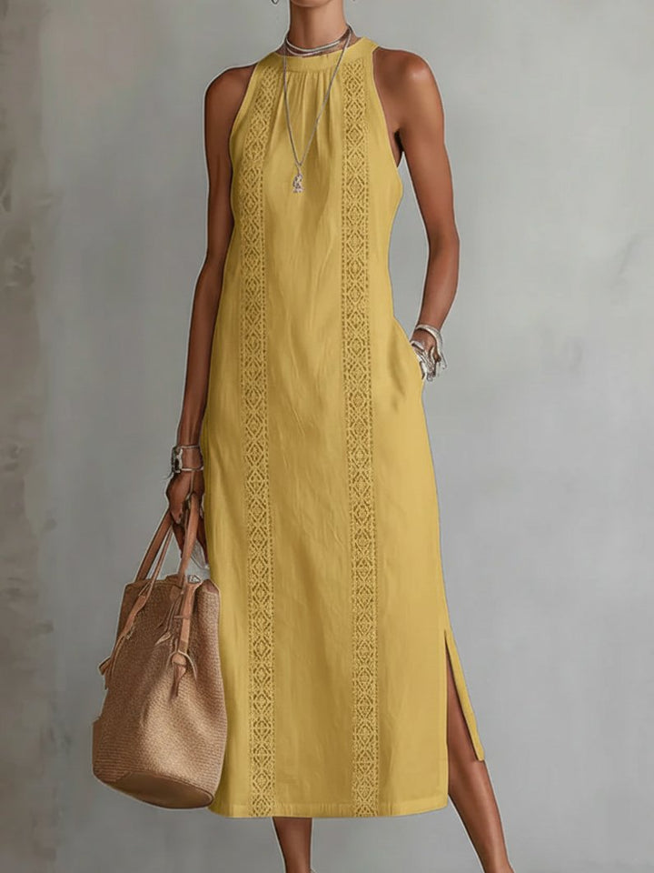 Dame Broderet Ærmeløs Midi Kjole - Yellow