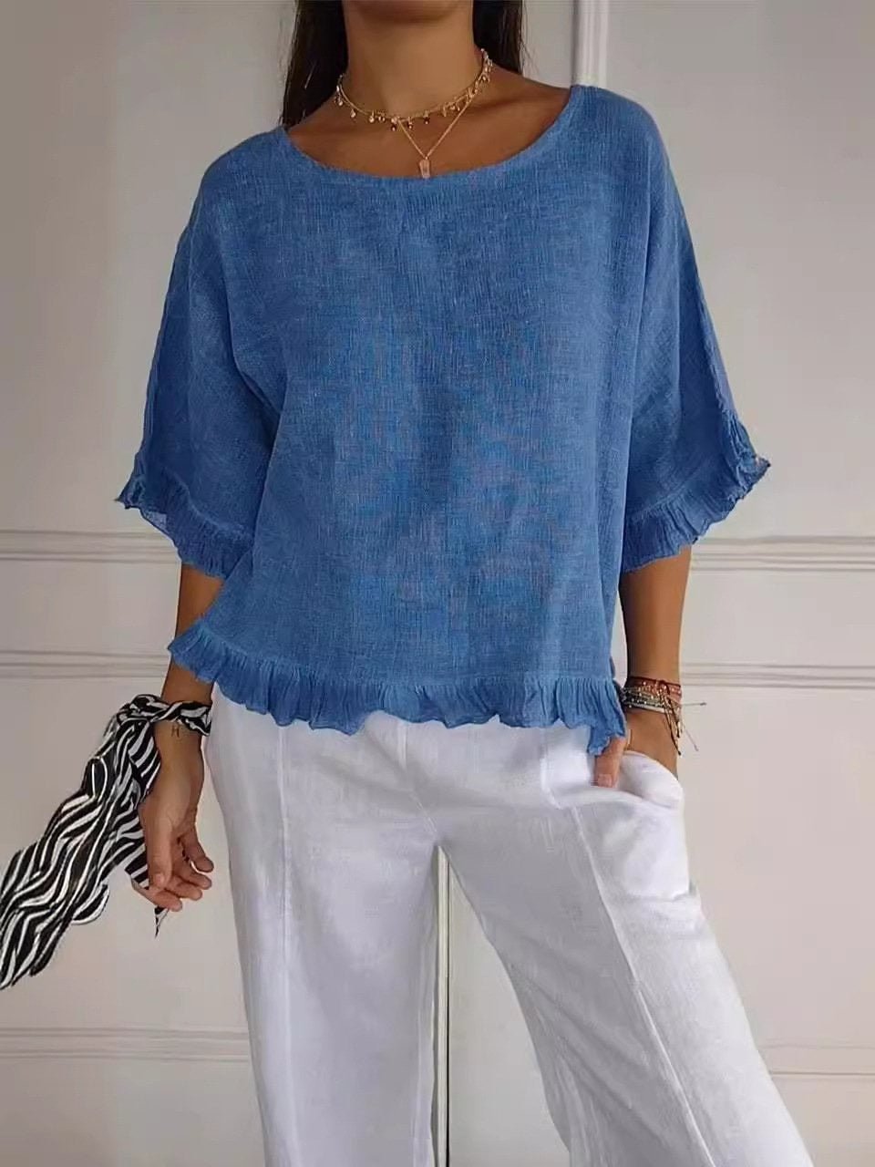 Dame Casual Elegant Bluse med Flæse Detaljer - Blue (Almost sold out)