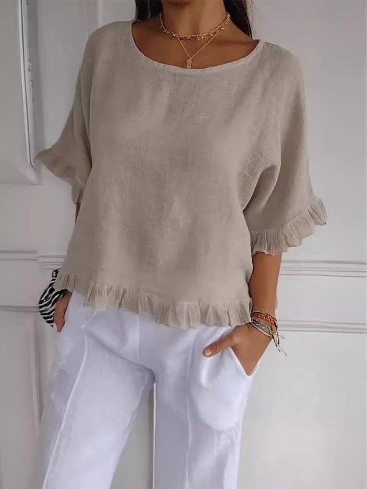 Dame Casual Elegant Bluse med Flæse Detaljer - Beige