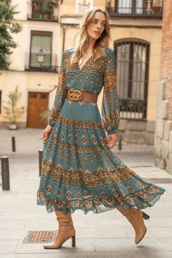 Dame Chiffon Boho Medallion Puffærme Lagdelt Kjole