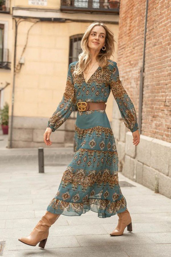 Dame Chiffon Boho Medallion Puffærme Lagdelt Kjole