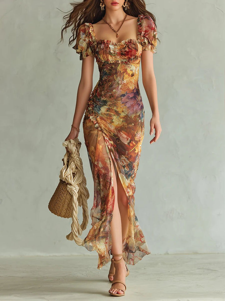 Dame Chiffon Maxi Kjole Blomsterprint Sweetheart Hals - Orange