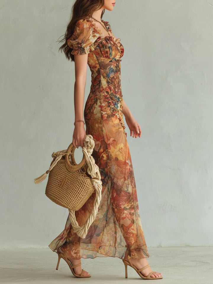 Dame Chiffon Maxi Kjole Blomsterprint Sweetheart Hals