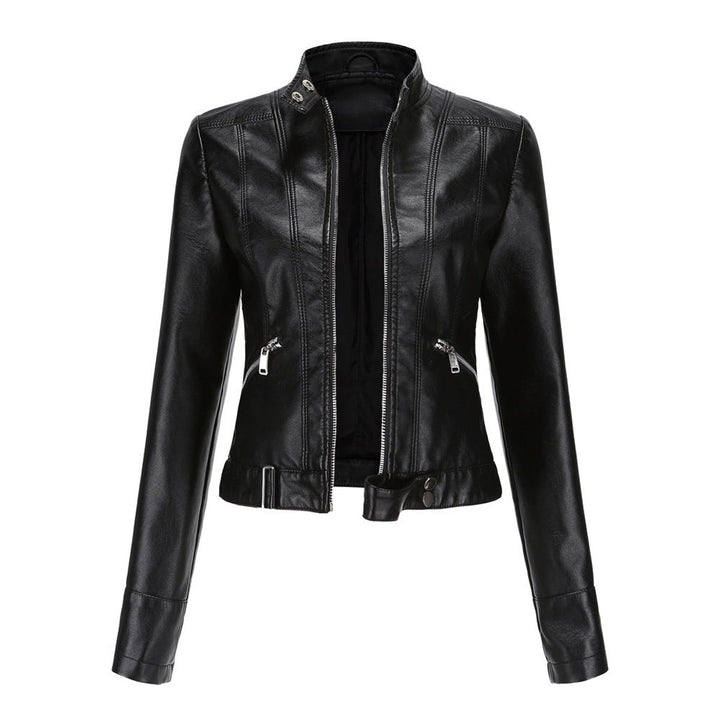 Dame Cropped Biker Leather Jacket Imitationslæder Lynlås - Sort
