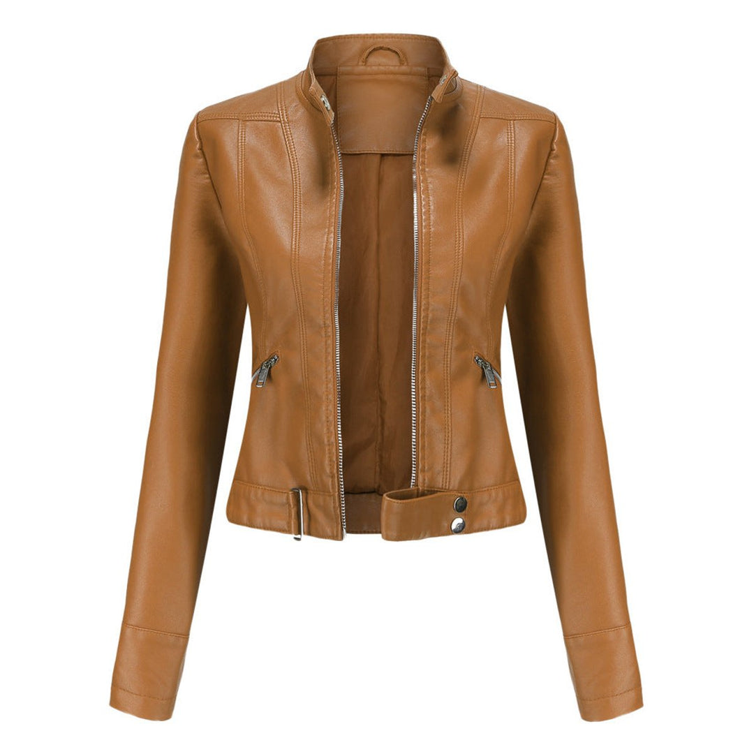 Dame Cropped Biker Leather Jacket Imitationslæder Lynlås - Lysebrun