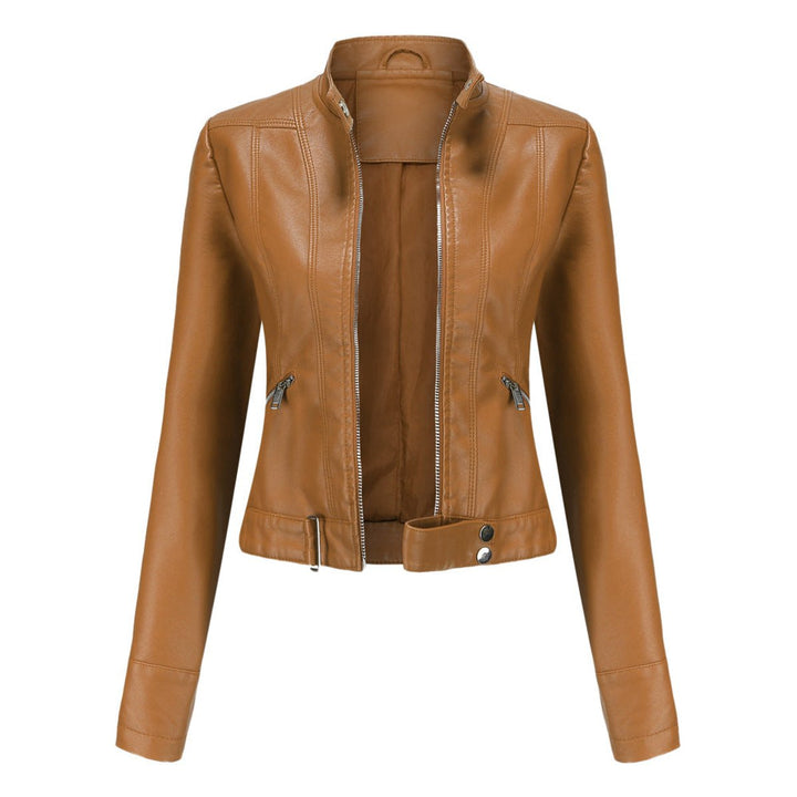 Dame Cropped Biker Leather Jacket Imitationslæder Lynlås - Lysebrun
