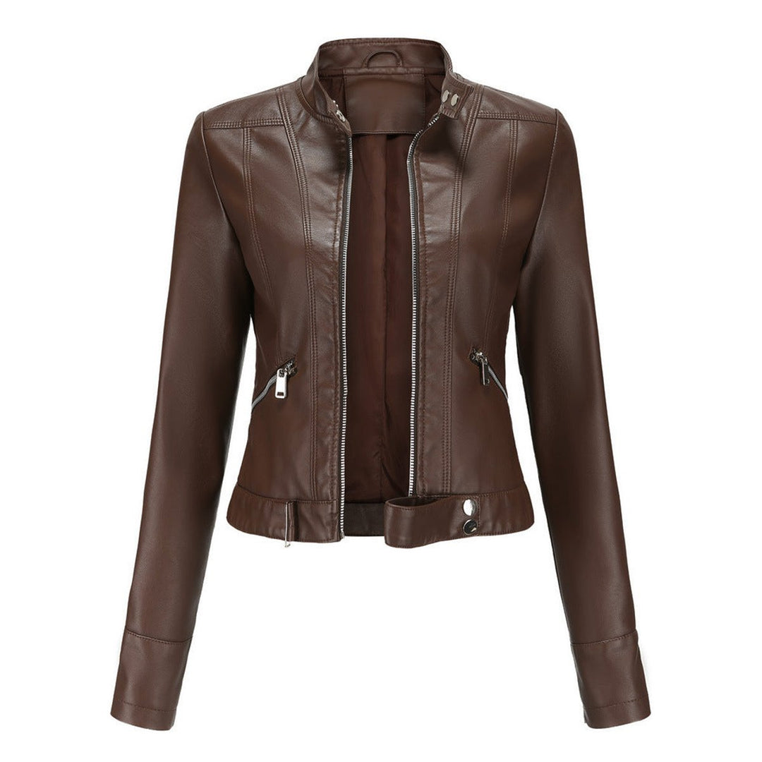 Dame Cropped Biker Leather Jacket Imitationslæder Lynlås - Brun