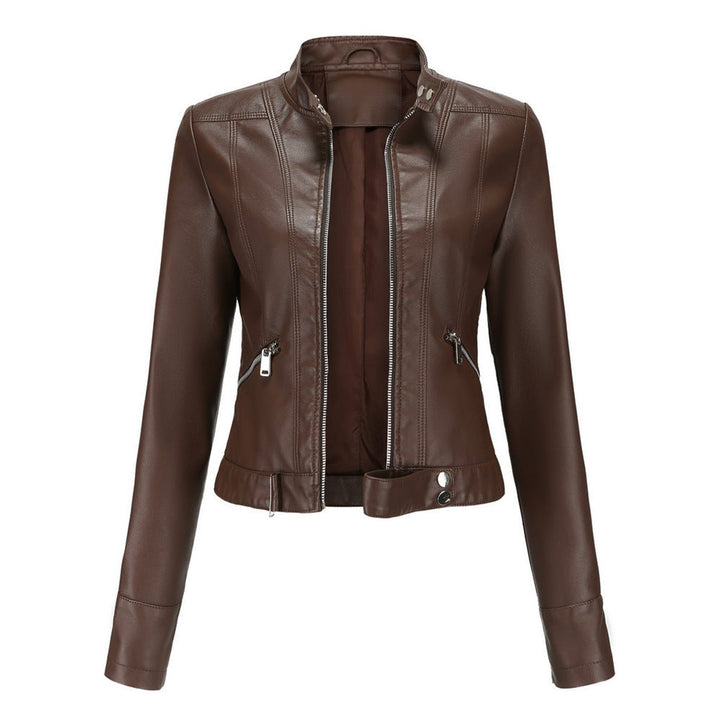 Dame Cropped Biker Leather Jacket Imitationslæder Lynlås - Brun