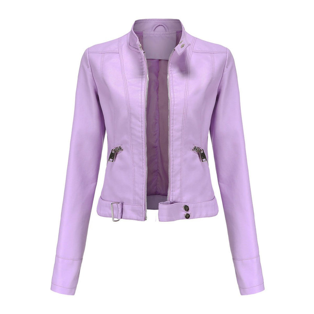 Dame Cropped Biker Leather Jacket Imitationslæder Lynlås - Lilla