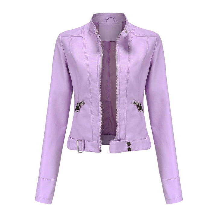 Dame Cropped Biker Leather Jacket Imitationslæder Lynlås - Lilla