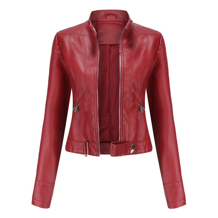 Dame Cropped Biker Leather Jacket Imitationslæder Lynlås - Rød