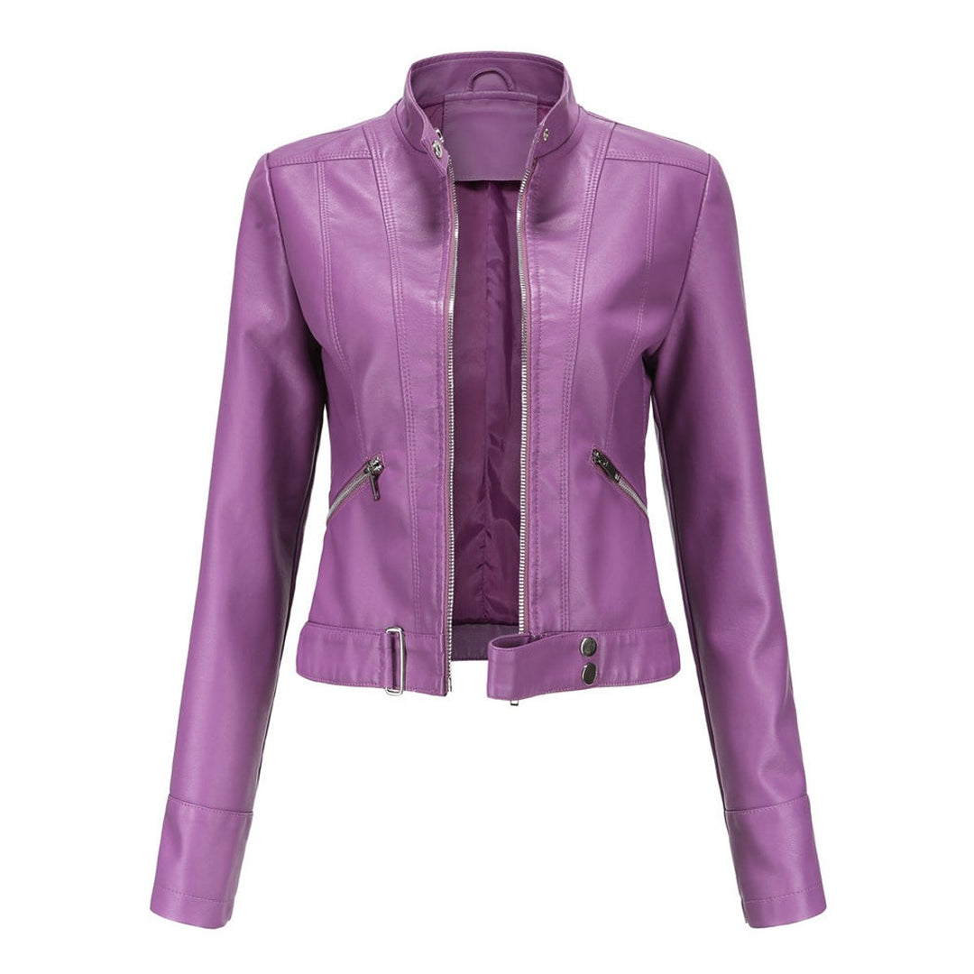 Dame Cropped Biker Leather Jacket Imitationslæder Lynlås - Mørkelilla