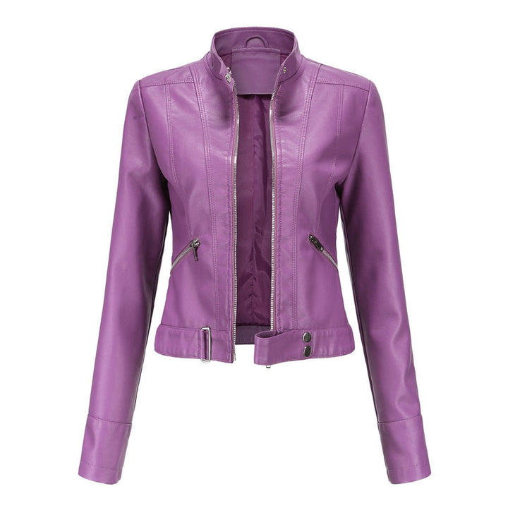 Dame Cropped Biker Leather Jacket Imitationslæder Lynlås - Mørkelilla