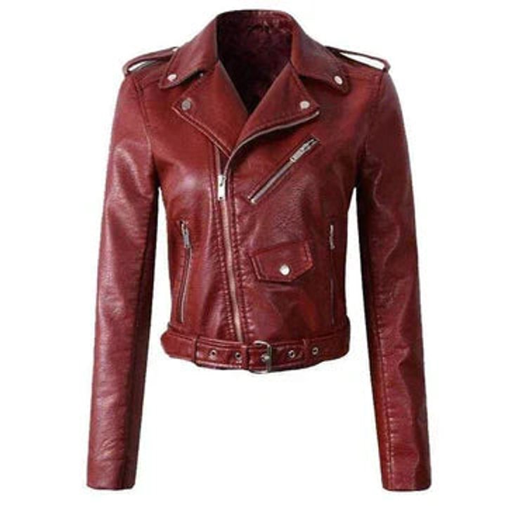 Dame Cropped Biker Leather Jacket Lynlås Bælte