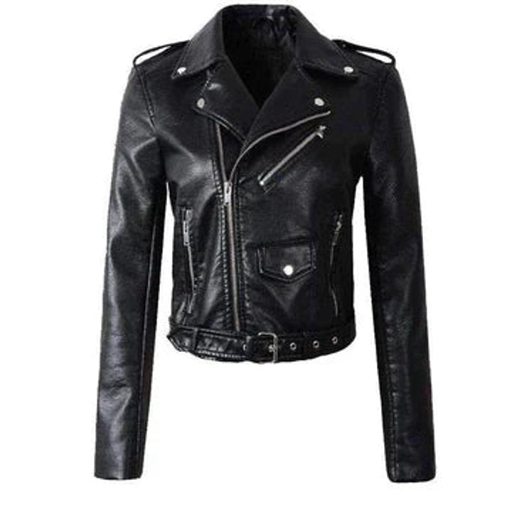 Dame Cropped Biker Leather Jacket Lynlås Bælte