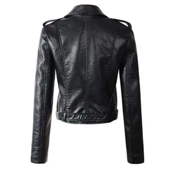 Dame Cropped Biker Leather Jacket Lynlås Bælte