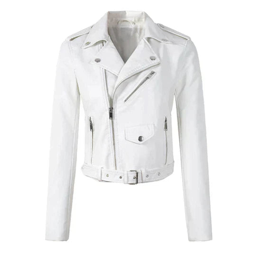 Dame Cropped Biker Leather Jacket Lynlås Bælte - Hvid