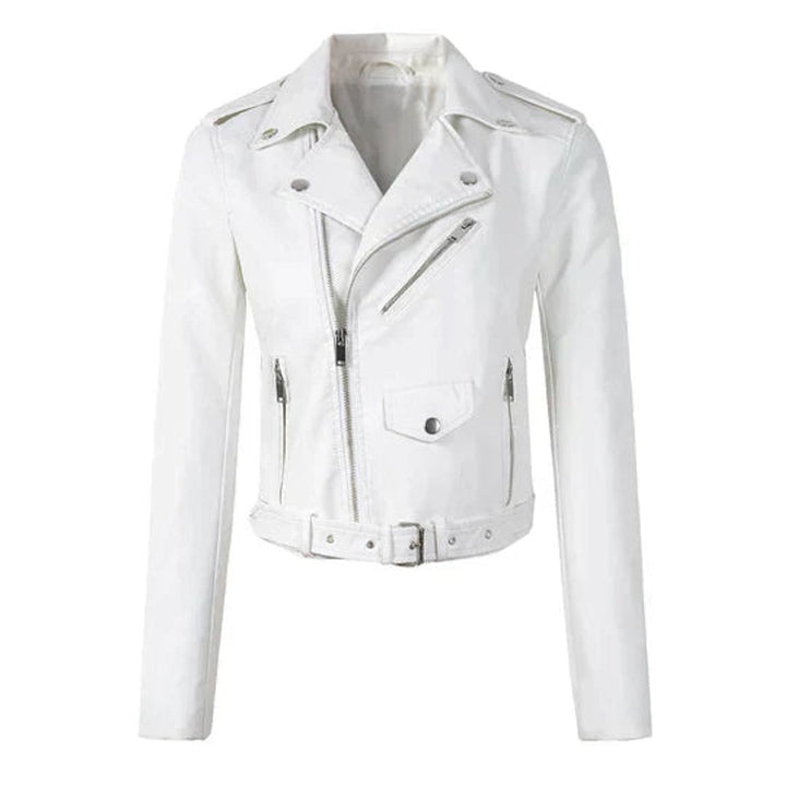Dame Cropped Biker Leather Jacket Lynlås Bælte - Hvid