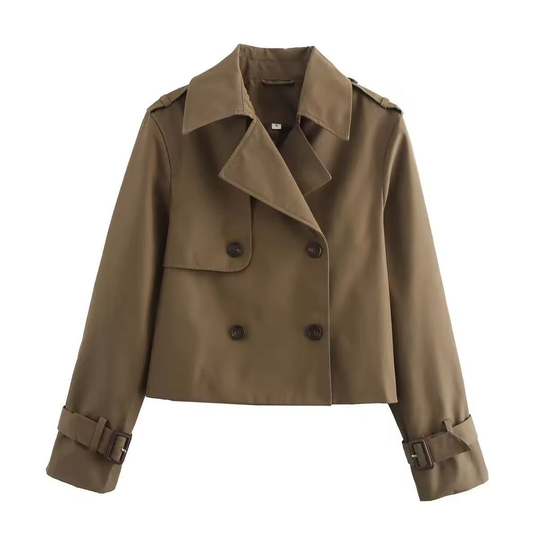 Dame Cropped Dobbeltknappet Trench Coat Bæltedetalje - Brun
