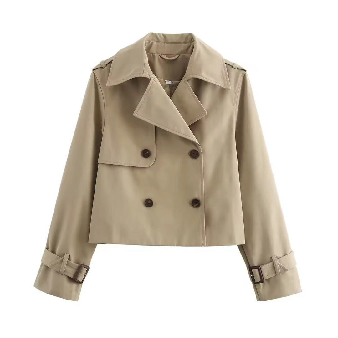 Dame Cropped Dobbeltknappet Trench Coat Bæltedetalje - Beige