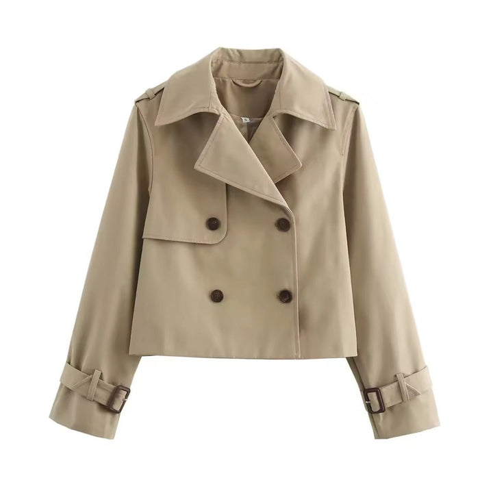 Dame Cropped Dobbeltknappet Trench Coat Bæltedetalje - Beige