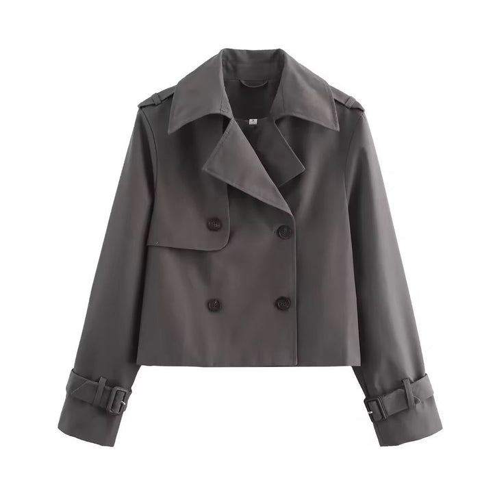 Dame Cropped Dobbeltknappet Trench Coat Bæltedetalje - Grå