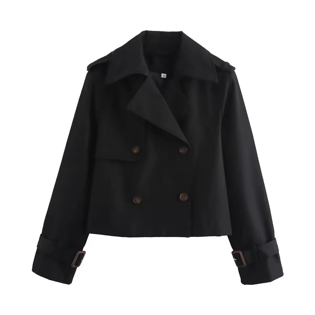 Dame Cropped Dobbeltknappet Trench Coat Bæltedetalje - Sort