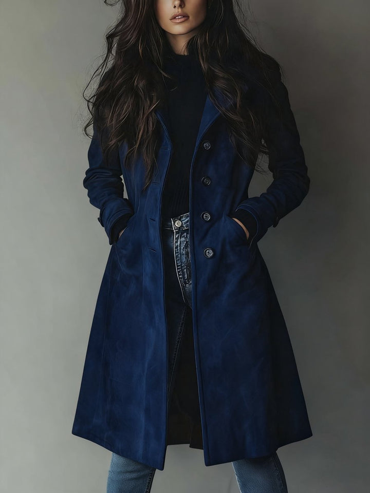 Dame Dobbeltknappet Longline Trench Coat Klassisk Skræddersyet Frakke - Mørkeblå
